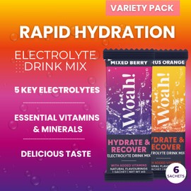 Woah! Electrolyte Powder Sachets. Hydration Sachets with Vitamins C,D,B6,B12 and Natural Flavourings – 6 Sachet Discovery Pack (3 x Mixed Berry, 3 x Citrus Orange)