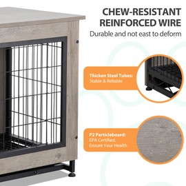 Shintenchi Dog Crate Furniture, Double-Doors Kennel Indoor with Removable Tray, End Table Dog House for Small Medium Breed, 32.5" L, Grey