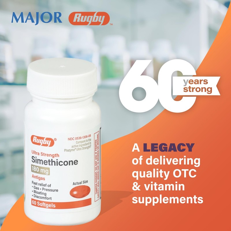 Rugby Ultra Strength Simethicone Gas Relief 180mg Softgels for Bloating