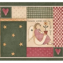 CONCORD WALLCOVERINGS ™ Wallpaper Border Vintage Pattern Angels Hearts for Play Room Bedroom Nursery Room, Beige Green Red, 15 ft by 7 in HBR3864