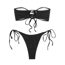 ZAFUL Tie Side Metallic Sparkly Glitter Metal Hardware Ring Bandeau Bikini Swimwear - (Black,M)