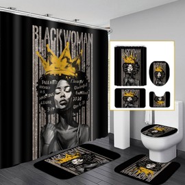 4Pcs Black Praying Queen Shower Curtain Set with Hooks, Inspirational Quote Afrcian American Woman Shower Curtains with Rugs Toilet Lid Cover Bath Mat, Waterproof Fabric Bathroom Shower Curtains