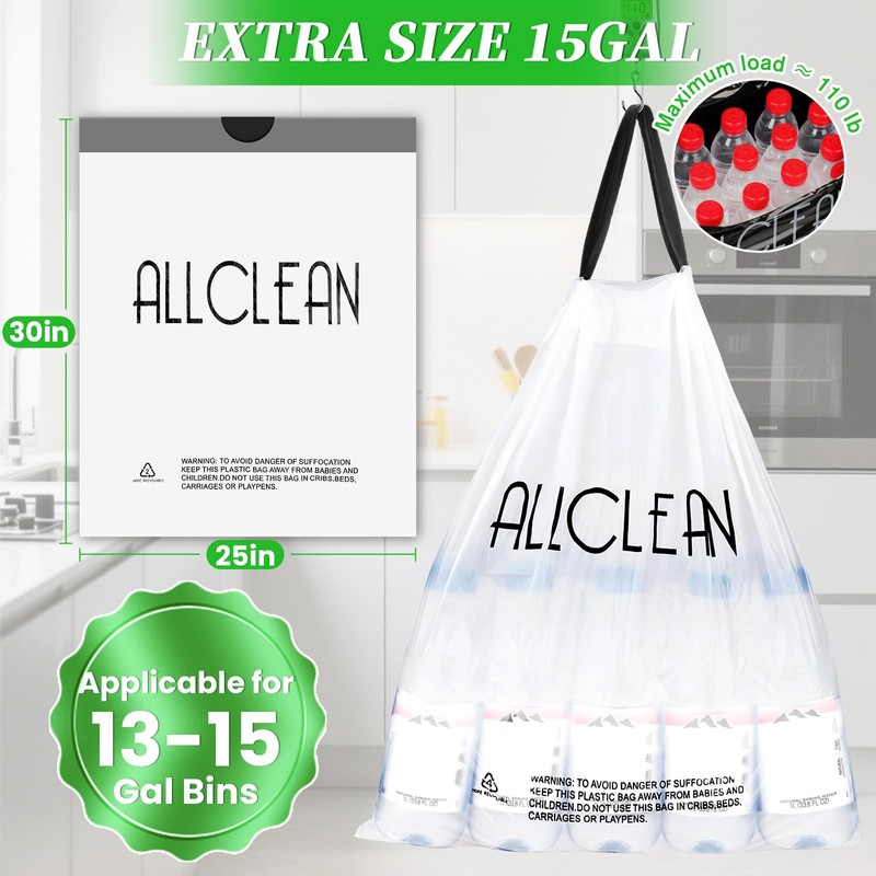 ALLCLEANbags Trash Bags 15 Gallon Tall Kitchen Drawstring Garbage Bags,Fit