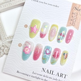 Colorful Press on Nails Summer Beach Painted Fake Nails with 3D Pearl Flower Heart Butterfly Design Almond Shape Full Cover Artificial Glue on Nails False Nails Cute Stick on Nail for Women Daily Wear