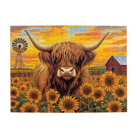 Beautiful Sunflower Highland Cow Jigsaw Puzzle 500 Piece for Adult, Sunflower Jigsaw Puzzles Flowers Puzzle Nature Animal Flower Painting Jigsaw Puzzles Birthday Gifts for Adults and Family Game