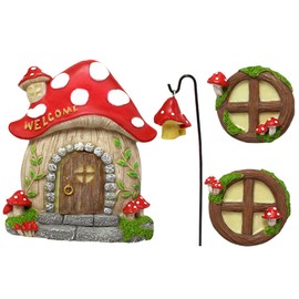 Totority 4pcs Fairy Door and Window Resin Ornaments Luminous Tree Mushroom House Decor for Outdoor Garden Charming Scene Accessories for Desktop Decoration