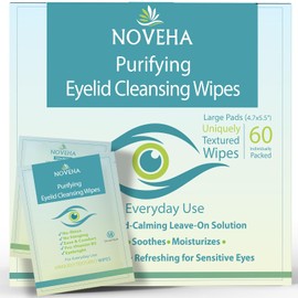 NOVEHA Toallitas para párpados y pestañas | Para picazón, ojos secos, orzuelos y blefaritis, Demodex | Toallitas limpiadoras de ácido hipocloroso suave y natural 0.02% puro, hipoalergénicas y calmantes para ojos sensibles, paquete de 60 unidades