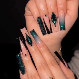 BABALAL Coffin Press on Nails Long Fake Nails Green Glue on Nails French Tip Rhinestone Acrylic Nails Glitter Ballerina Stick on Nails Shiny Nails Pres on