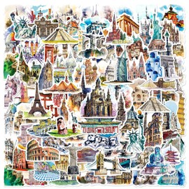 Famous Buildings Stickers 100PCS for Luggage Skateboard Guitar Laptop Water Bottle Helmet Scrapbook Phone Bicycle Computer,World Landmarks Build Waterproof Decals for Teens Girls Kids Adults