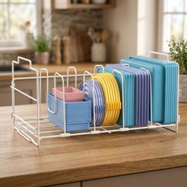 Lid Holder, Lid Organiser Made of Metal, Kitchen Organiser with 4 Adjustable Compartments, Food Container Holder for Kitchen, Cupboard, Drawer, White