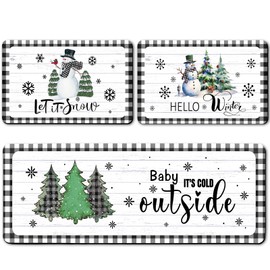 Qeeenar Christmas Winter Kitchen Rugs Set of 3 Winter Seasonal Kitchen Mats Home Non Skid Doormat Car Front Door Washable Kitchen Rug 16 x 27 Inch, 16 x 47 Inch (Snowman Style)