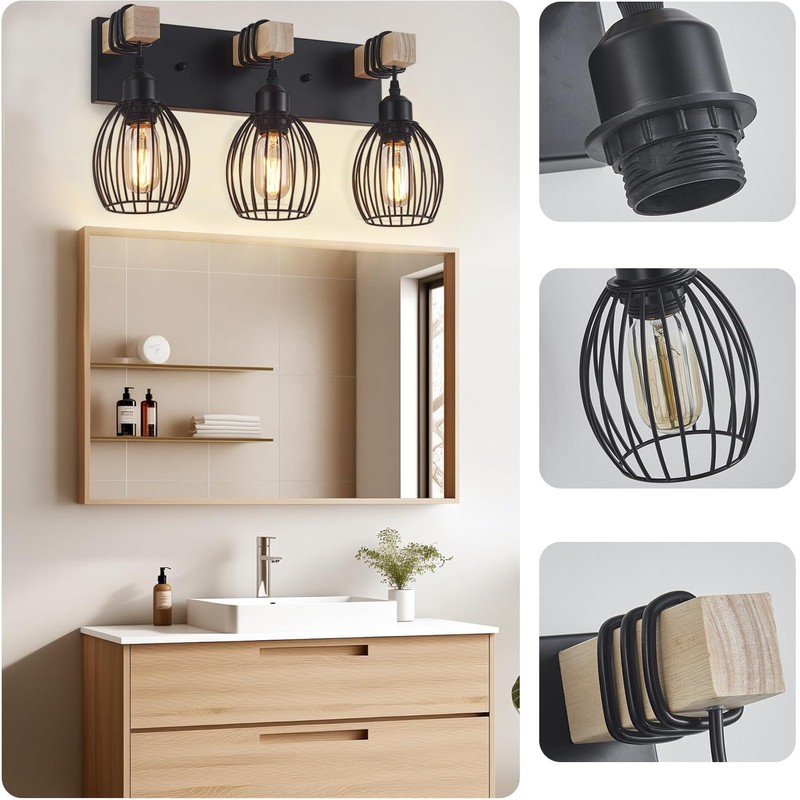A1A9 3-Light Farmhouse Vanity Light for Bathroom, Wood Wall Sconce