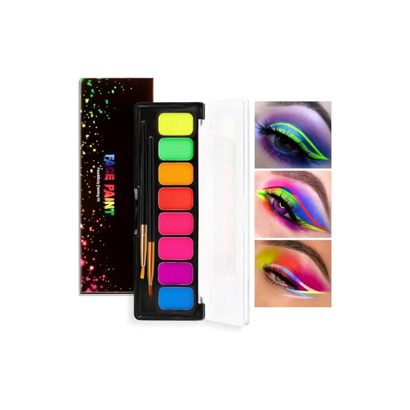 Neon UV Glow Face Paint Palette, 8 Fluorescent Colours, Water-Activated