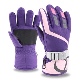XIAOHAWANG Winter Boys Girls Ski Gloves Kids Warm Waterproof Mittens Fleece Snowboard Gloves for Children (Purple, S)