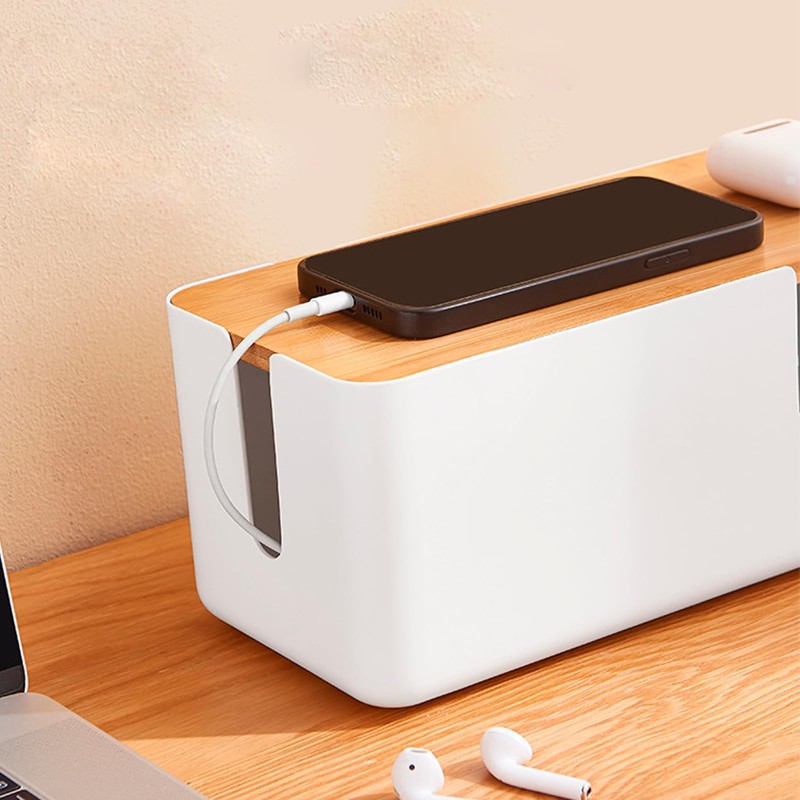 JJQHYC Cable Tidy Box White Cable Box with Bamboo Lid