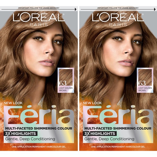 L'Oreal Paris Feria Multi-Faceted Shimmering Permanent Hair Color, 63 Sparkling Amber, Pack of 2, Hair Dye
