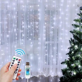 300 LED Fairy Curtain Lights, 9.8 x 9.8FT Cold White USB Plug in 8 Modes String Hanging Lights with Remote for Christmas, Bedroom, Indoor, Outdoor, Weddings, Party (Cold White) - Color: Warm White, Size: 2 Pack 9.8 x 9.8 FT