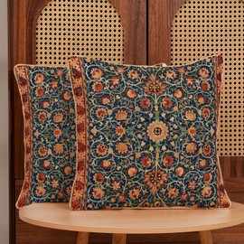 Boho Floral Pillow Covers 18x18 Set of 2, William Morris Flower Design Decorative Throw Pillows Polyester Bohemian Vintage Farmhouse Cushion Pillow Covers for Sofa Couch Bed Outdoor Decor