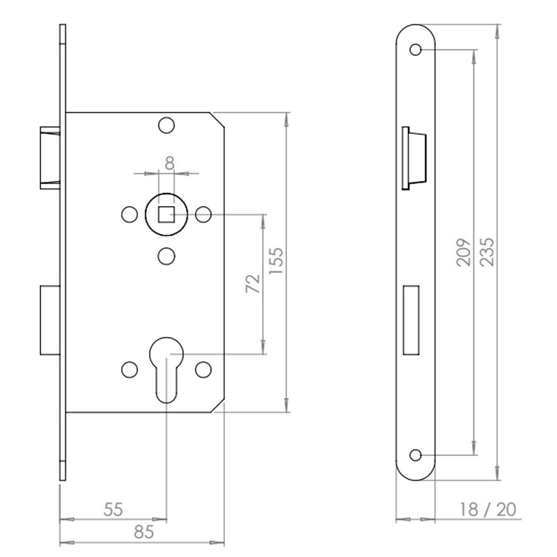 Abus 61698 ES PZ2 R G 55 72 18 Mortice