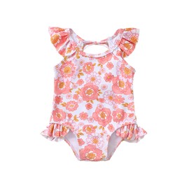Baby Swimsuit Girls Coral Bathing Suit Floral Toddler Girl Swimsuit Fly Sleeve Bikini Swimwear Infant Vintage Bathing Suit for Girl 12-18 Months