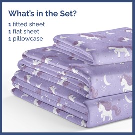 Juego de sábanas de 3 piezas de unicornio morado para niños, niñas, adolescentes, niños pequeños, bolsillos profundos de fácil ajuste, transpirables, sábanas de calidad de hotel, lavables a máquina,