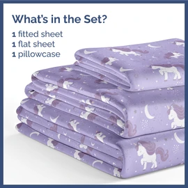 Juego de sábanas de 3 piezas de unicornio morado para niños, niñas, adolescentes, niños pequeños, bolsillos profundos de fácil ajuste, transpirables, sábanas de calidad de hotel, lavables a máquina,