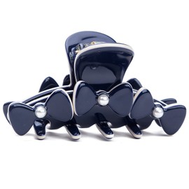 Prettyou 2.75 Inches Handmade Celluloid Korea Style Barrettes Pearl Bowknot Hair Claw Luxury Fashion Accessories Hair Clip for Women (Navy Blue)