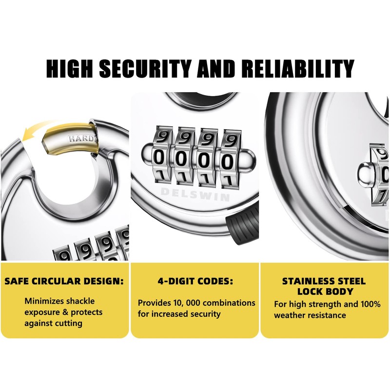 DELSWIN 4 Digit Combination Lock Disc Padlock with Hardened Steel