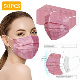 50Pack Sparkly Pink Disposable Face Masks, Cute Face Masks for Women Girls,3-Ply Soft Breathable Full Face Protection (pink)