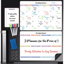 Epzia Magnetic Dry Erase Calendar for Fridge - Kitchen White Board Organiser for Refrigerator, Reusable Monthly & Weekly Planner - with 4 Markers, Eraser, Shopping List - Fridge Calendar Whiteboard