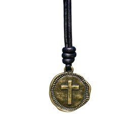 Cross Leather Necklace Mens - Men Cross Coin, Religious Pendant, Medallion Necklaces, Christmas Gift, Catholic Pendant, Christian Charms, Women Gifts to Husband Cute Crosses Best Friend (Antique Gold)