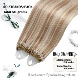 Moresoo Micro Link Hair Extensions Human Hair Golden Blonde with Bleach Blonde Highlight Micro Ring Hair Extensions Human Hair Blonde Straight Micro Beads Hair Extensions 14Inch 50G/50S