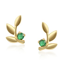 Leaf Emerald Stud Earrings, 14K Gold Plated, May Birthstone, Emerald Green Gemstone