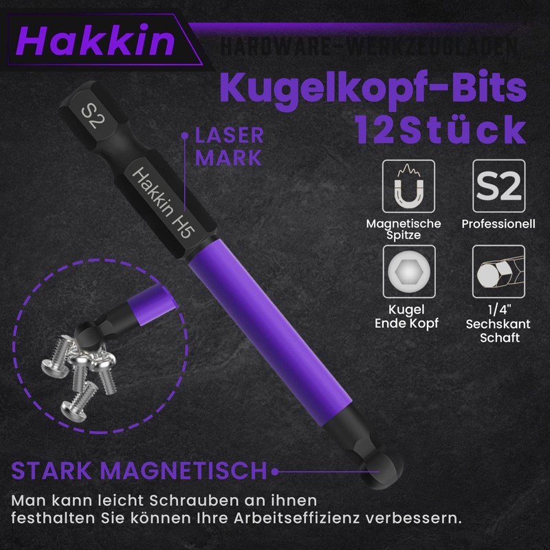 Hakkin Hexagonal Bit Set Long 12 Pieces 65 mm Ball