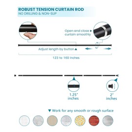 Tension Curtain Rod By EZFurni,123-160 Inches, Heavy Duty Tension Rod,Adjustable Curtain Rods No Drilling & Easy Assemble Extra Long Tension Rod, Black