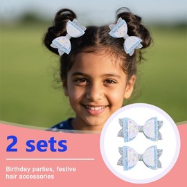 Blue Sequin Bows for Hair Clips Barrettes Princess Birthday Hair Bow Ribbon Decorative Wedding Birthday Party Outfits Accessories for Girls 2 PCS