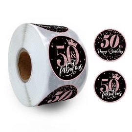REWIDPARTY Rose Gold 50th Birthday Sticker Rolls (500 PCS) - Happy 50th Birthday & Fabulous Round Stickers for Party Decorations