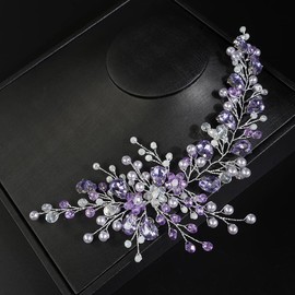 Teyglen Purple Rhinestone Headband Flower Bride Wedding Hair Vine Bridal Crystal Pearl Headband Wedding Headpiece Hair Accessories for Women Girls (Purple)