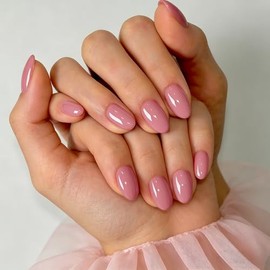 SXVME Uñas postizas cortas de gel suave, 32 piezas, 16 tamaños, rosa oscuro transparente, ovaladas, reutilizables, con pegamento, palito de almendra n