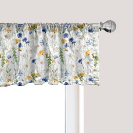 Ambesonne Cenefa de ventana de flores para cocina, comedor y dormitorio, amapolas florales salvajes y margaritas, paisaje de naturaleza rural en prados, cenefa de cortina rústica con bolsillo para barra, 54 x 18 pulgadas, azul amarillo