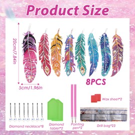 Diamond Painting Bookmark Feathers Set - 8 Pieces, DIY Craft Set for Adults and Children, Glitter Bookmarks for DIY, Perfect as a Gift or Decoration for Books