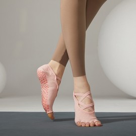 4-Color Non-Slip Double Ribbon Mesh Yoga Pilates Toeless Socks Yoga Center Pink 2ea