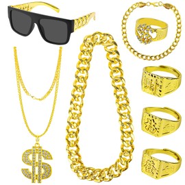 Pack of 8 Costume, 80s 90s Outfit, Men's Hip Hop Costume, Rapper Accessories, Hip Hop Dollar Necklace, Gold Ring, Sunglasses, Gold Chain for Carnival, Party Accessories, Golden