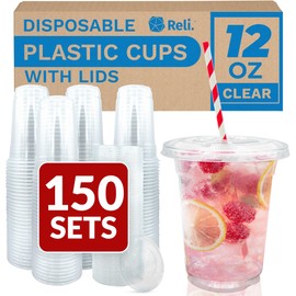 Reli. Plastic Cups with Lids 12 oz (150 Sets) | Clear Plastic Cups with Lids | Clear Disposable PET Bulk | 12 oz PET Container with Flat Tops for Desserts, Iced Coffee, Smoothies, To Go Drinks
