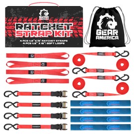 GearAmerica Heavy Duty Ratchet Straps 1.6” x 15’ Tie Down Kit for Cargo, Trucks, Motorcycles - 1823 lbs Break Strength with Soft Loops, Rubber Coated S Hooks w/Safety Clip, Spring Release, Carry Bag