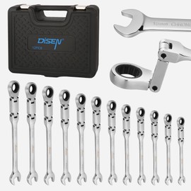 DISEN 12pcs Ratchet Wrenches Set Double Jointed, Metric Flex Head Ratcheting Wrench Set 8-19mm, Open End & Box End Combination Wrench, 72-Teeth, Cr-V Steel, with Heavy Duty Case