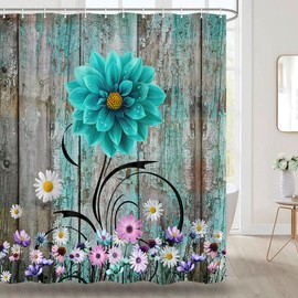 Viajar Rustic Farmhouse Shower Curtain, Teal Dahlia on Old Rustic Wooden Shower Curtain, Turquoise Blue Barn Wood Country Floral Bathroom Set with Hooks, 70X70 Inch