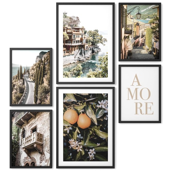 Papierschmiede® Mood Poster Set Italian Orange, Ready Picture Set with Frame (Wood, Black), Living Room Decoration Bedroom, 2 x DIN A3 and 4 x DIN A4, Italy Tuscany Holiday Amore