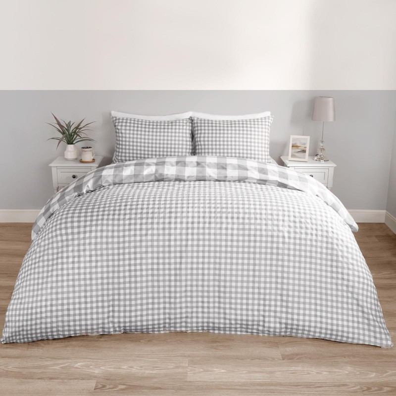 OHS Grey Double Duvet Set, Reversible Check Bedding Super Soft