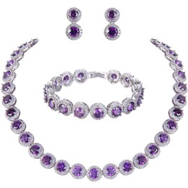 Ever Faith Women's Round Cut Cubic Zirconia Tennis Necklace Bracelet Earrings Set Purple Silver-Tone